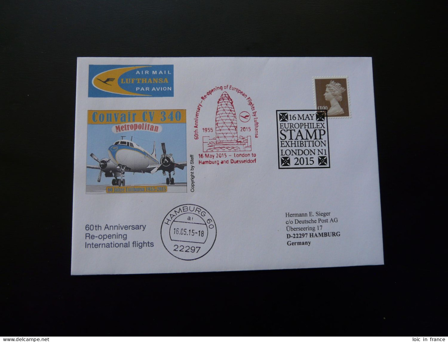 Lettre Vol Special Flight Cover London Europhilex Exposition To Hamburg Lufthansa 2015 - Lettres & Documents