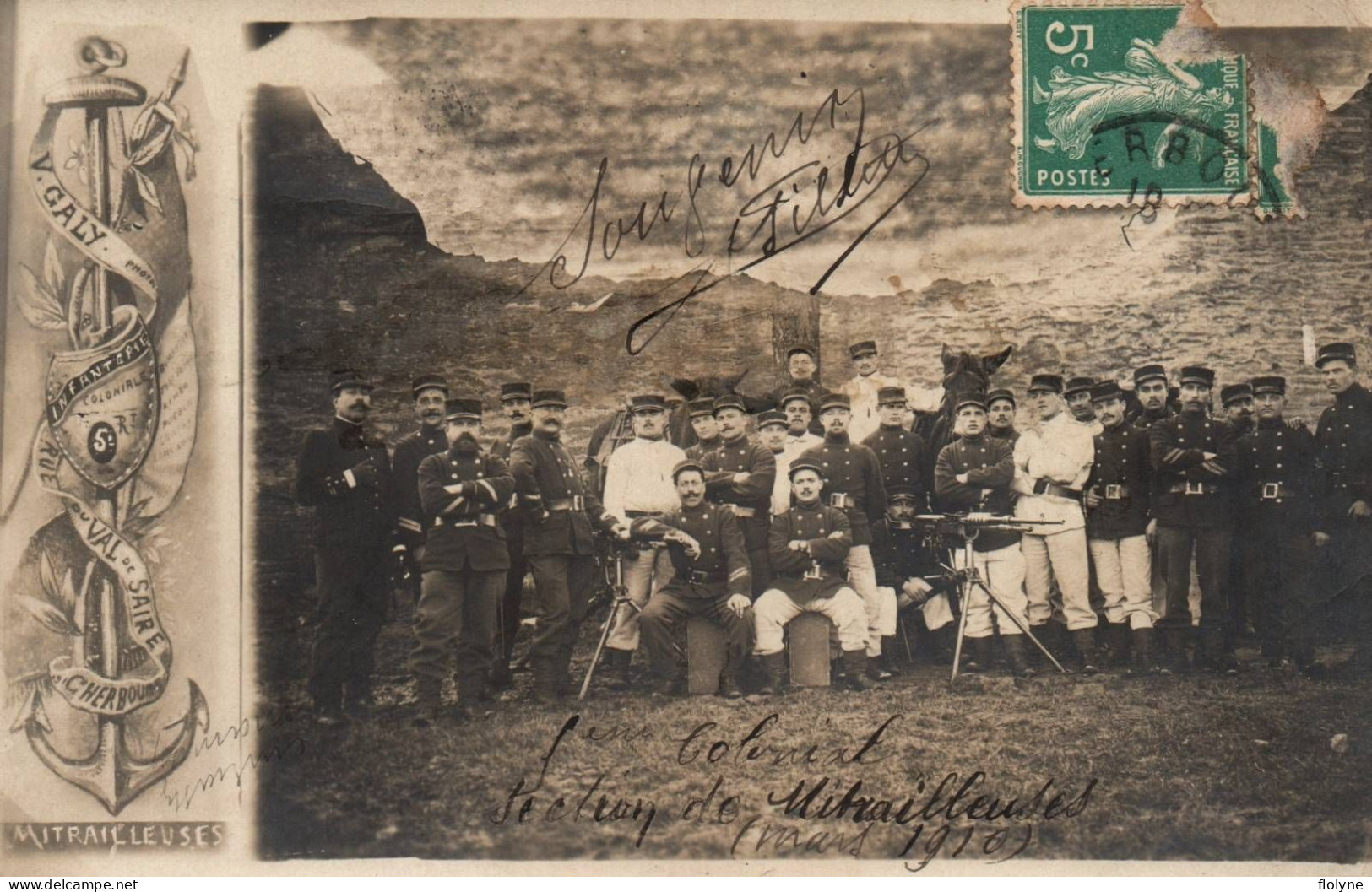 Cherbourg - Carte Photo - Groupe De Soldats Militaires - Mitrailleuse - 5ème Régiment D'infanterie Coloniale - 1910 - Cherbourg