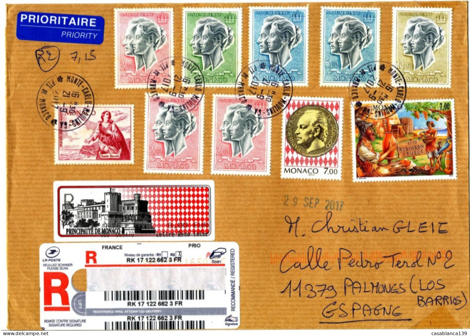 Monaco 2017, Multifranked Rich Reg. Envelop To  Spain - Used Stamps