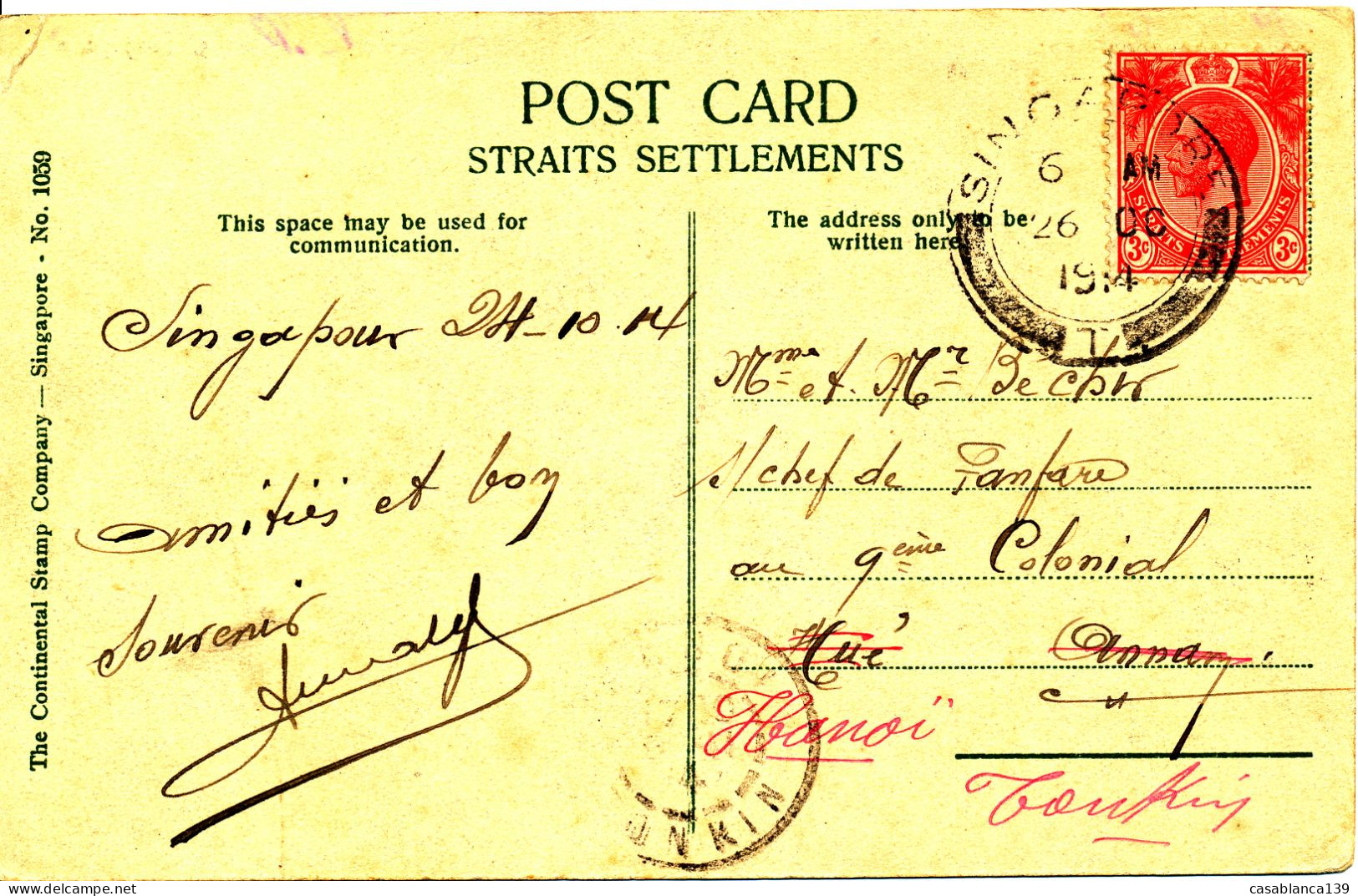 Singapore PC 24.10.1914 From S'pore To  Hue, Redirected To Hanoi, Tonking, RARE - Singapour (...-1959)