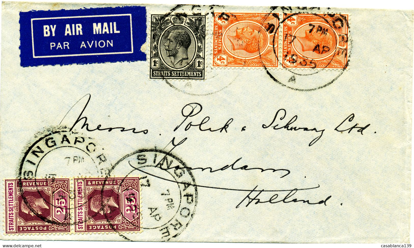 Singapore 1935 Letter To Zaandam, Holland, Nice Franking, Very Good Condition, Mi 192, 2 X 194, 2 X 200 - Singapore (...-1959)