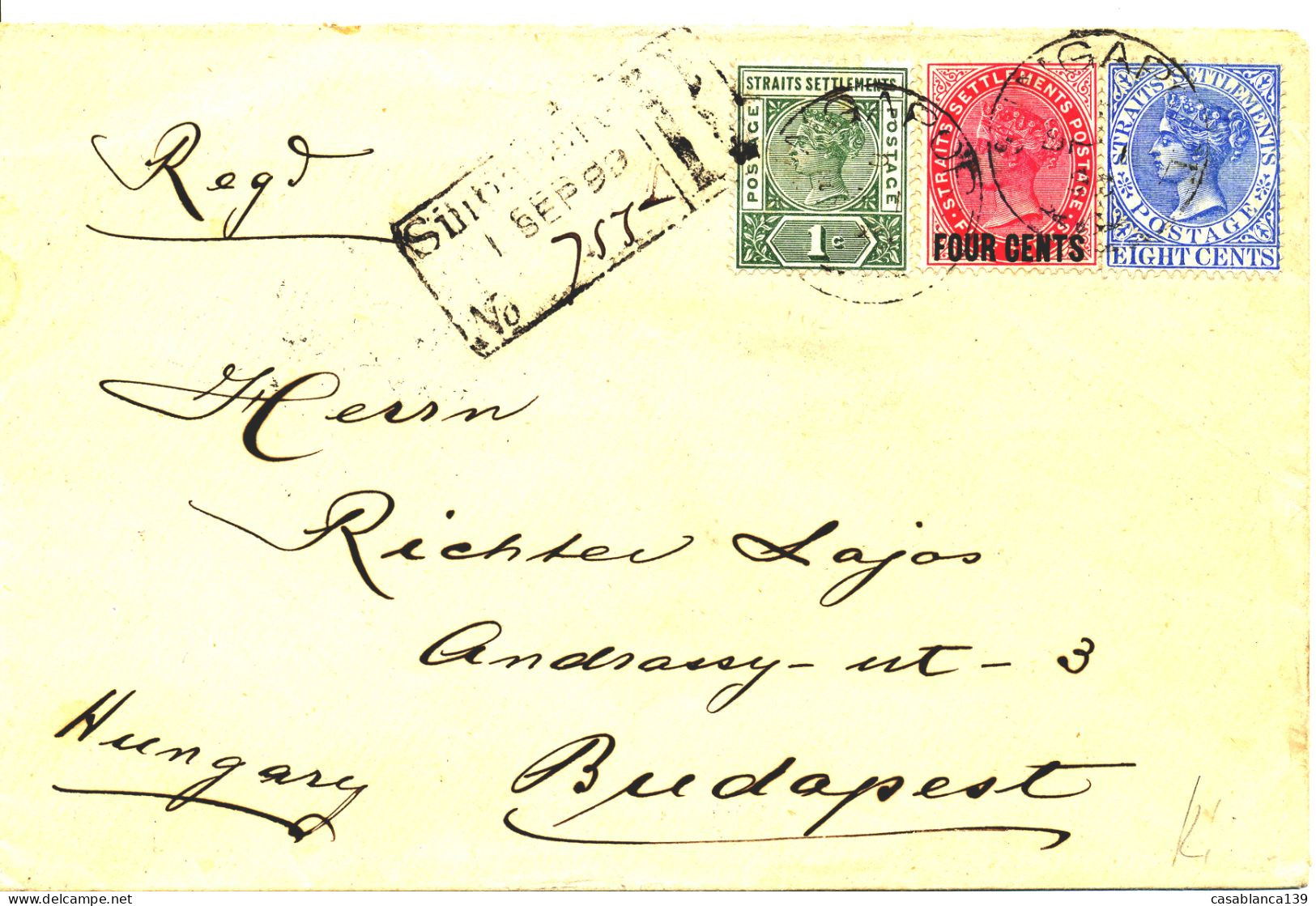 Singapore 1899, Reg. Letter To Budapest, Mi 72,78,64 Very Rare Letter, Excellent Condition - Singapur (...-1959)