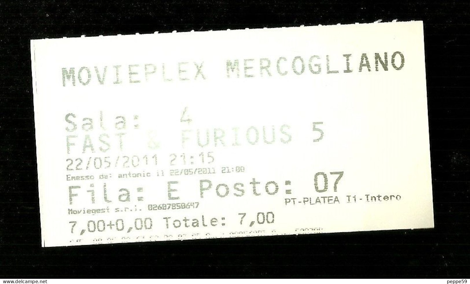 Biglietto Di Ingresso Cinema - Film Fast Furius 5  - Movieplex Di Mercogliano - Avellino - Biglietti D'ingresso