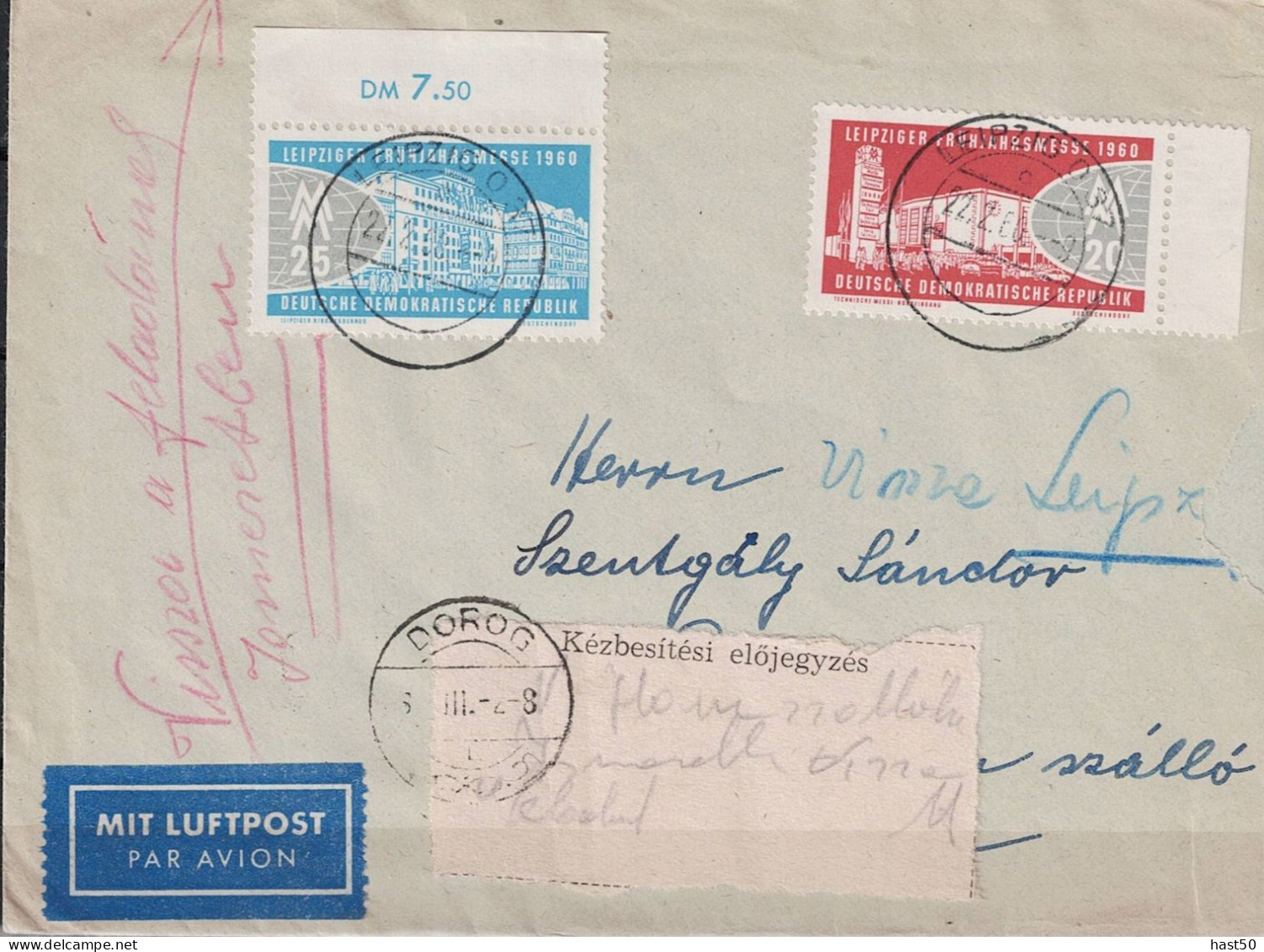 DDR GDR RDA - Luftpostbrief Nach Dorog [Ungarn] (MiNr: 750/1) 1960 - Luchtpost