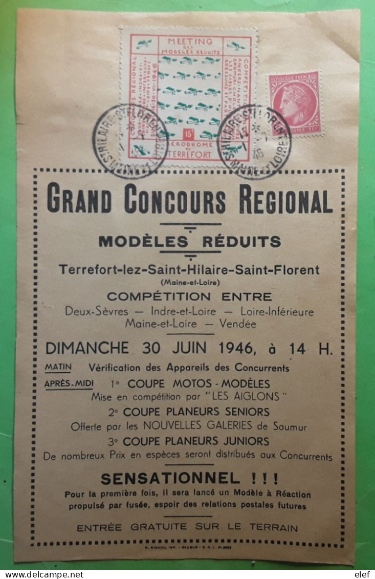 Affichette Concours Modèles Réduits Terrefort St Hilaire St Florent Maine Et Loire 1946 Vignette Meeting Aérodrome - Luchtvaart