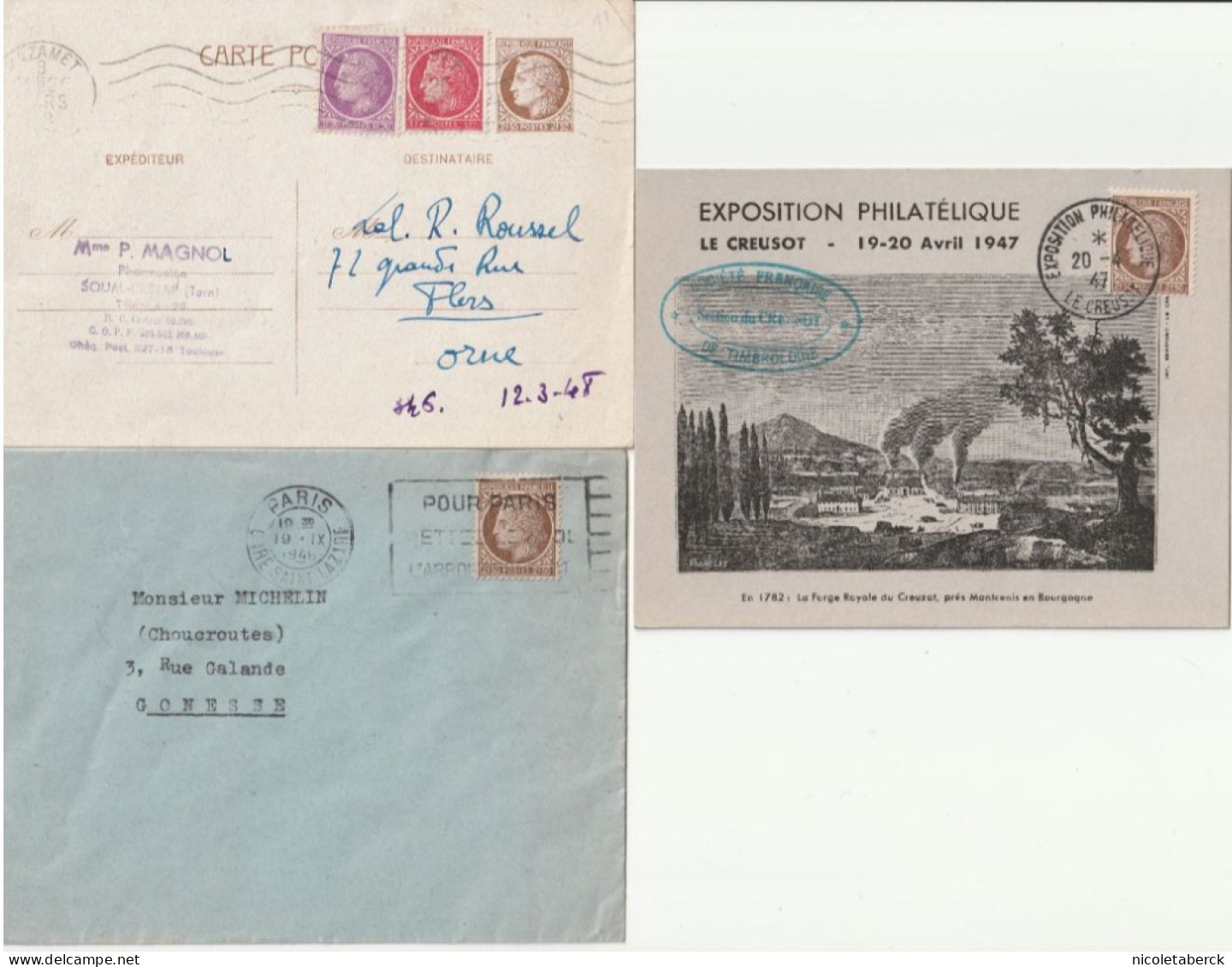 Cérès De Mazelin N° 681, 2 Carte Expos St Fargeau  + Variété + Le Creusot Seul Sur Lettre + Entier Postal Du Tarn - 1945-47 Cérès De Mazelin