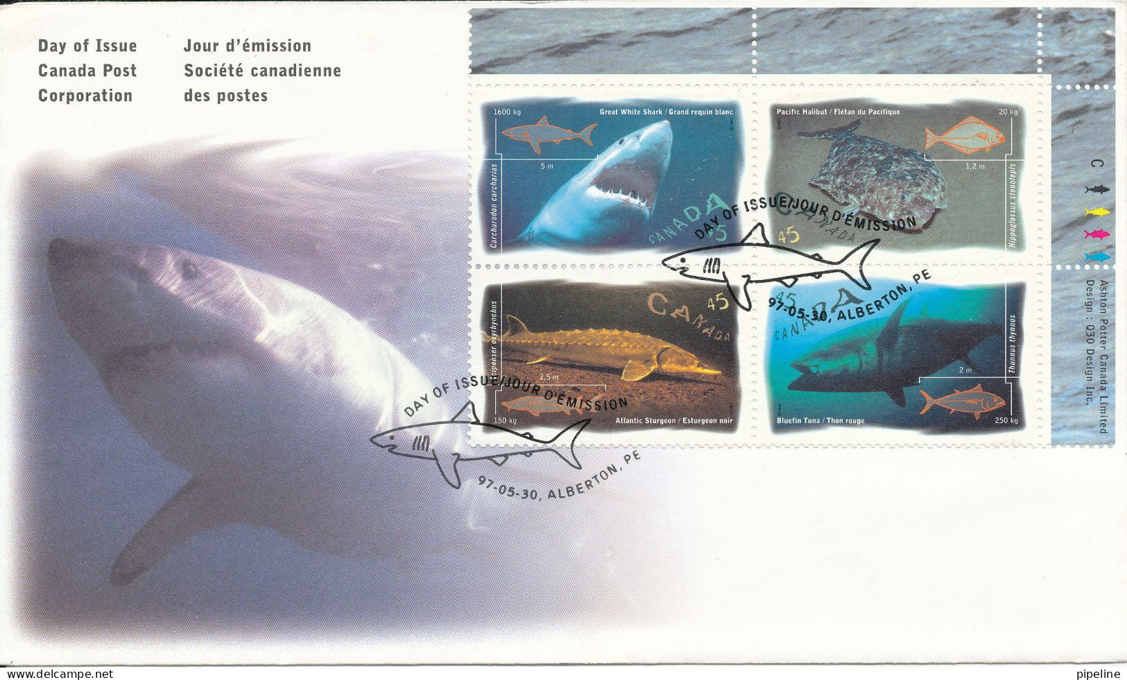 Canada FDC 30-7-1997 Ocean Fish Set Of 4 With Shark Cachet - 1991-2000