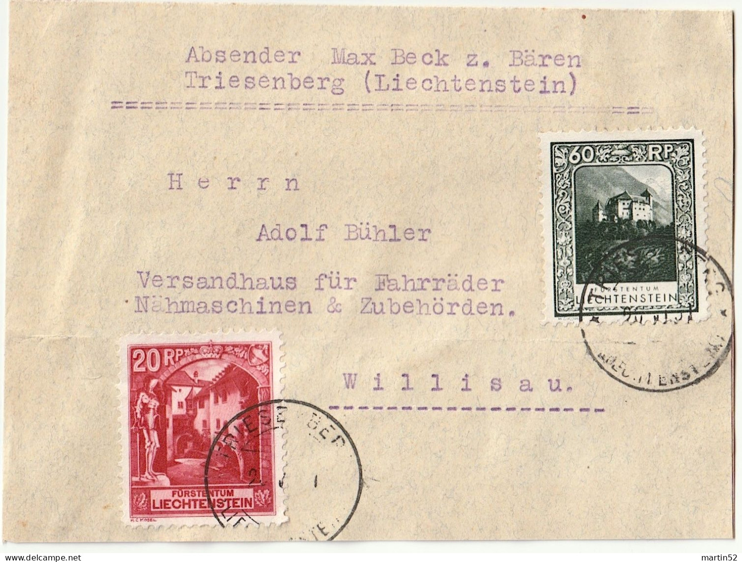 Liechtenstein 1931: Paketkarte Nach Willisau Mit Zu 87B+93A Mi 97B+103A Mit ⊙ TRIESENBERG 20.VI.31 (Zumstein CHF 42.00) - Covers & Documents