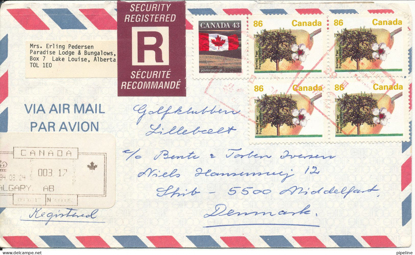Canada Security Registered Air Mail Cover Sent To Denmark 24-3-1994 See Scans - Airmail
