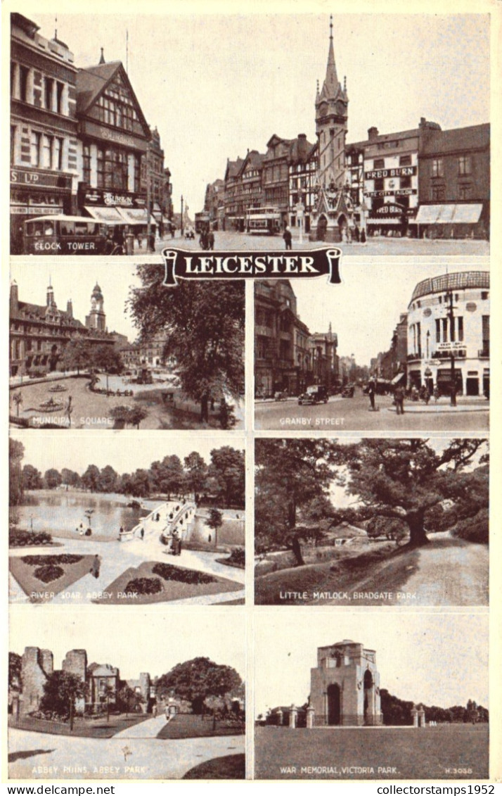 LEICESTER, MULTIPLE VIEWS, ARCHITECTURE, TRAM, PARK, LAKE, CAR,ABBEY RUINS,WAR MEMORIAL,ENGLAND,UNITED KINGDOM, POSTCARD - Leicester