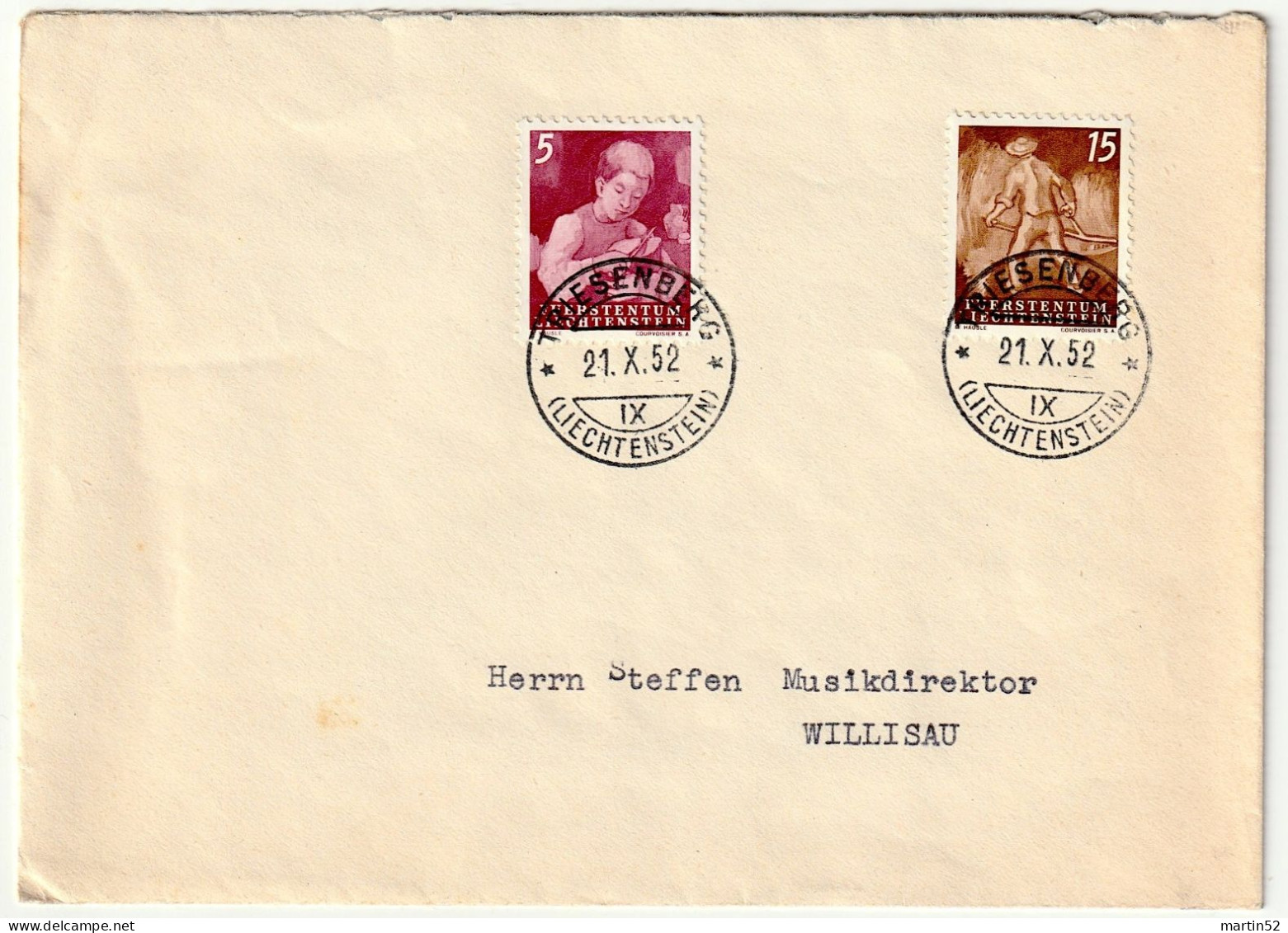 Liechtenstein 1952: Brief N. Willisau Mit Zu 236+238 Mi 289+291 Yv 251+253 Mit ⊙ TRIESENBERG 21.X.52 (Zumstein CHF 8.00) - Storia Postale