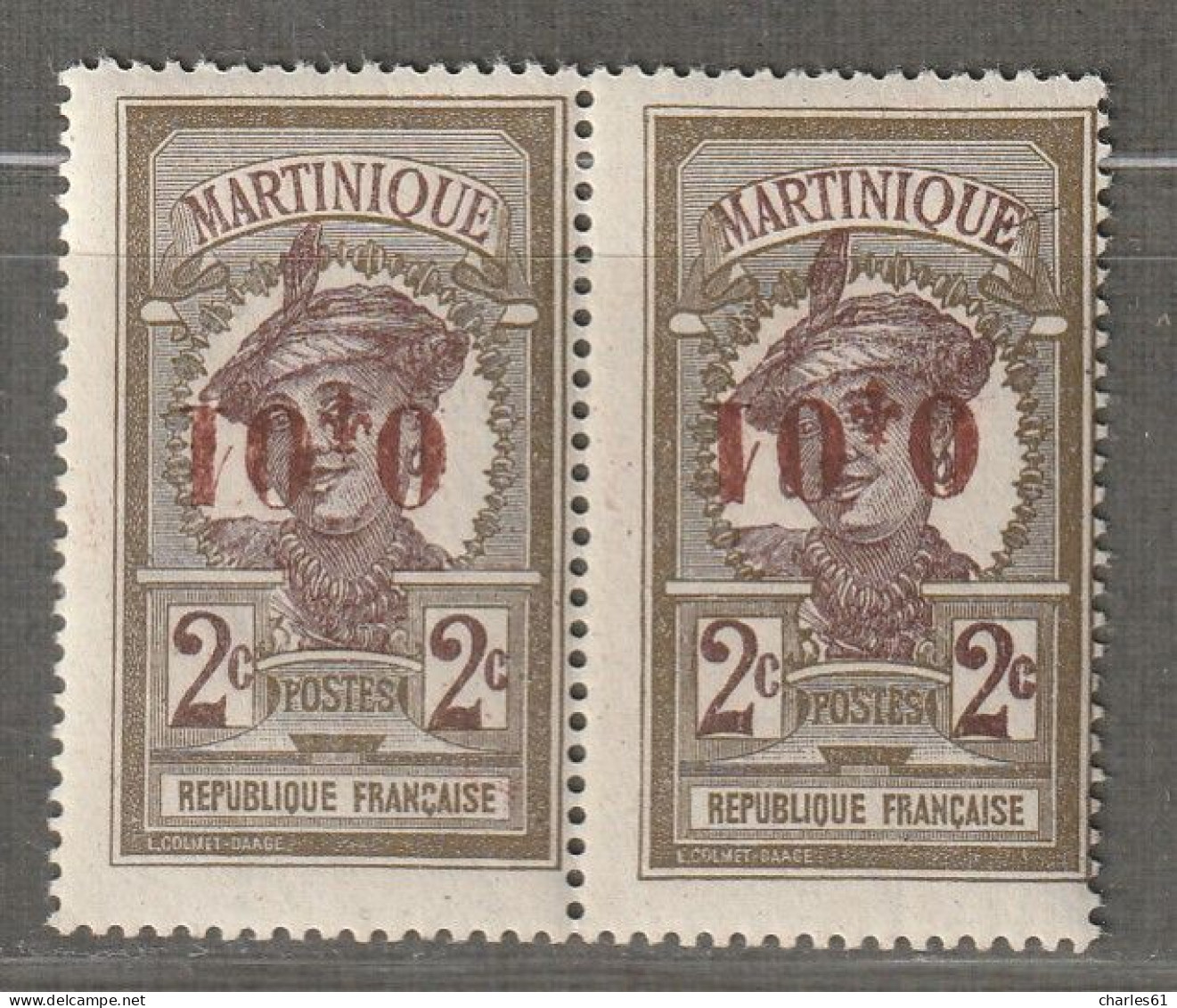 MARTINIQUE - N°105c ** En Paire (1924) 1c Sur 2c - Surcharge Renversée. - Neufs