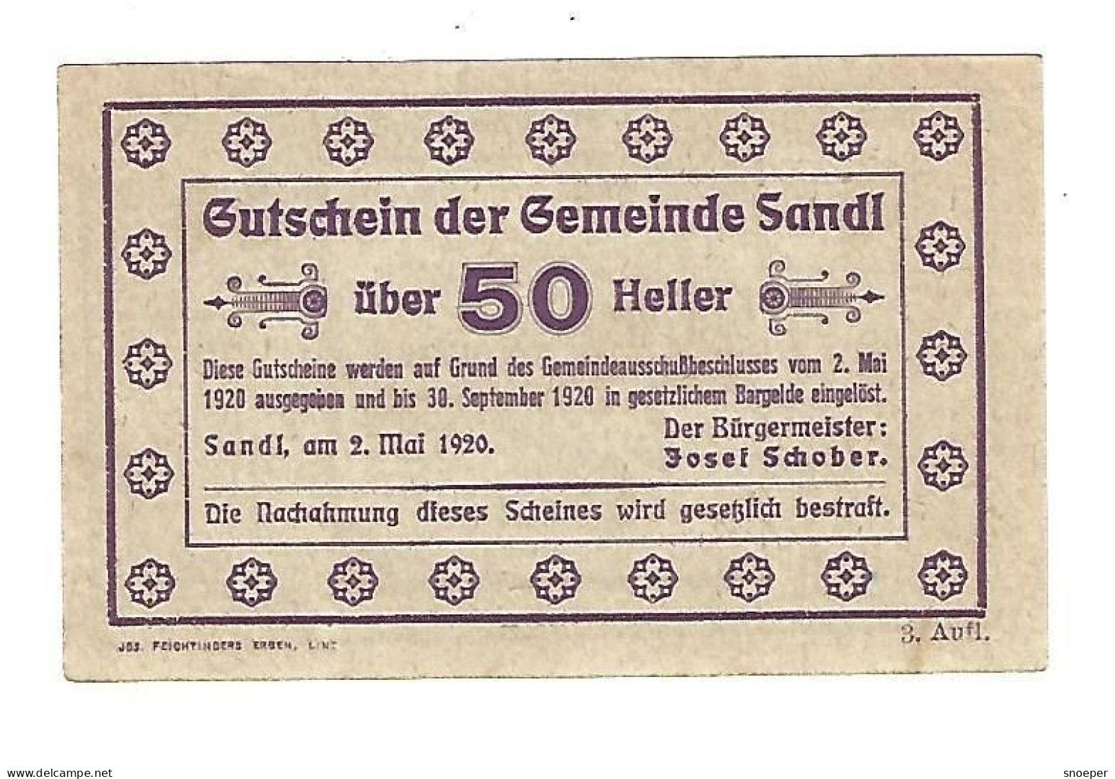 **notgeld   Austria Sandl  50 Heller  874/1c - Austria