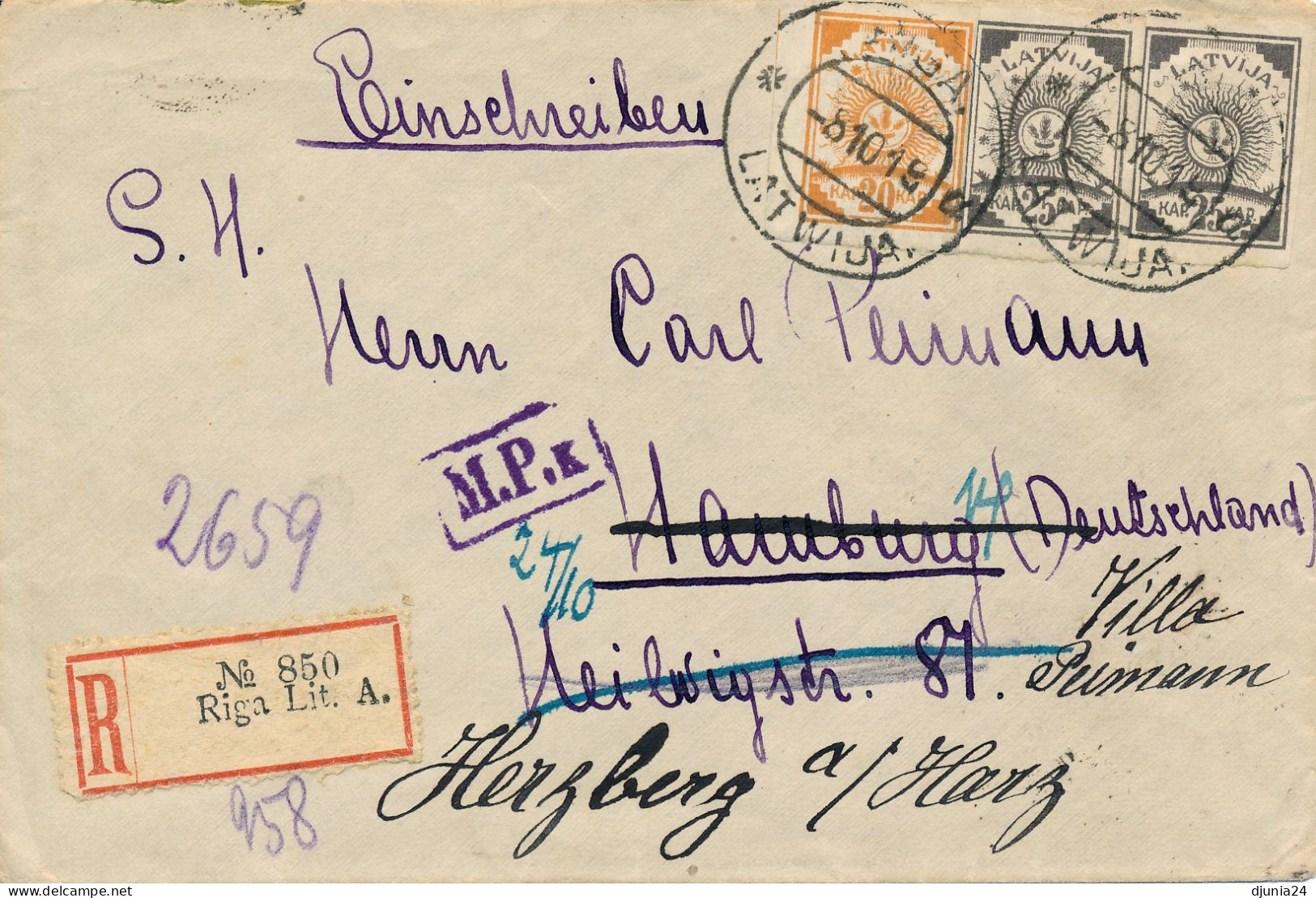 BF0451 / LETTLAND  -  RIGA  -  1919  ,  R-Brief Nach Herzberg  -  Michel 10c , 2x 11c - Lettland