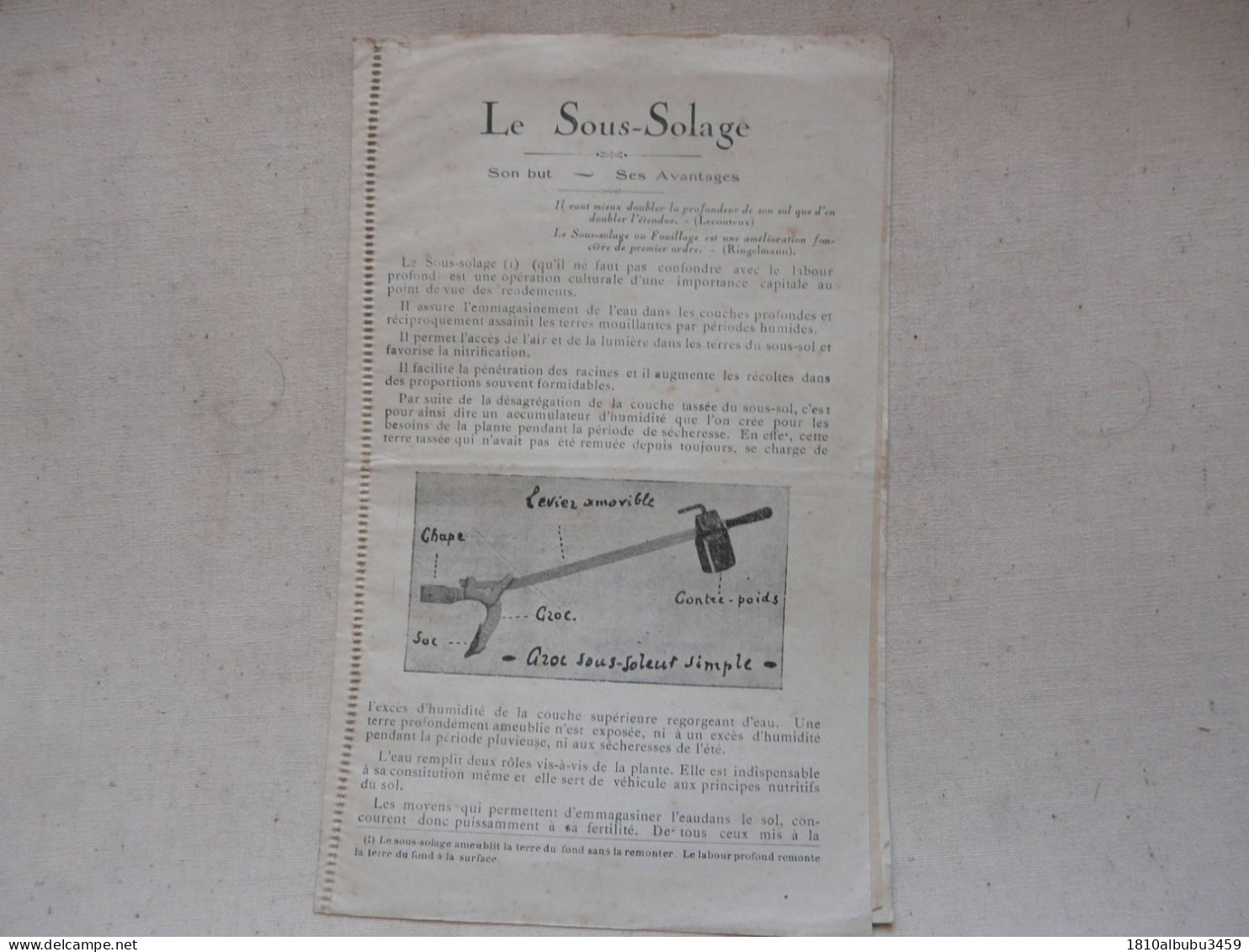 RARE - VIEUX PAPIERS - RECHERCHES AGRONOMIQUES : LE SOUS-SOLAGE - ETS GEFFROY , FAVEROLLES (Eure-et-Loir) - Material Y Accesorios