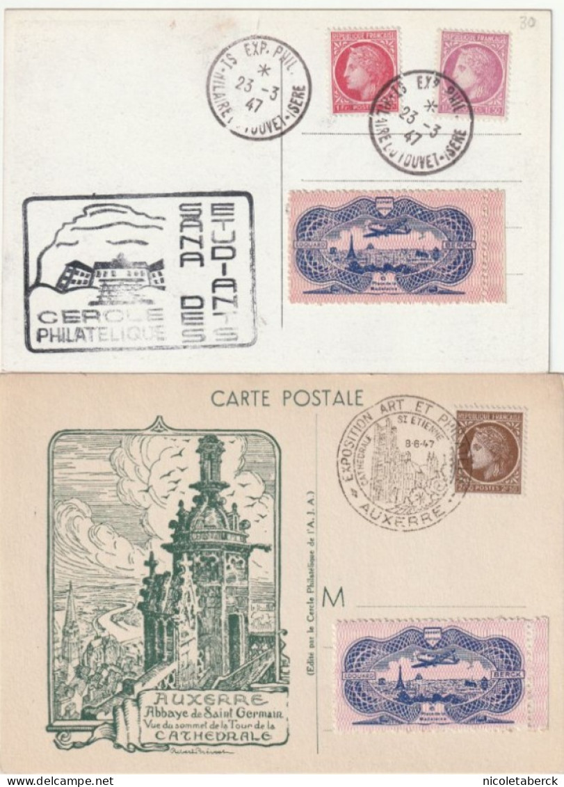 Cérès De Mazelin, Cartes Exposition  Auxerre 8/6/47, St Hilaire Du Touvet 23/3/47 . Collection BERCK. - 1945-47 Cérès Van Mazelin