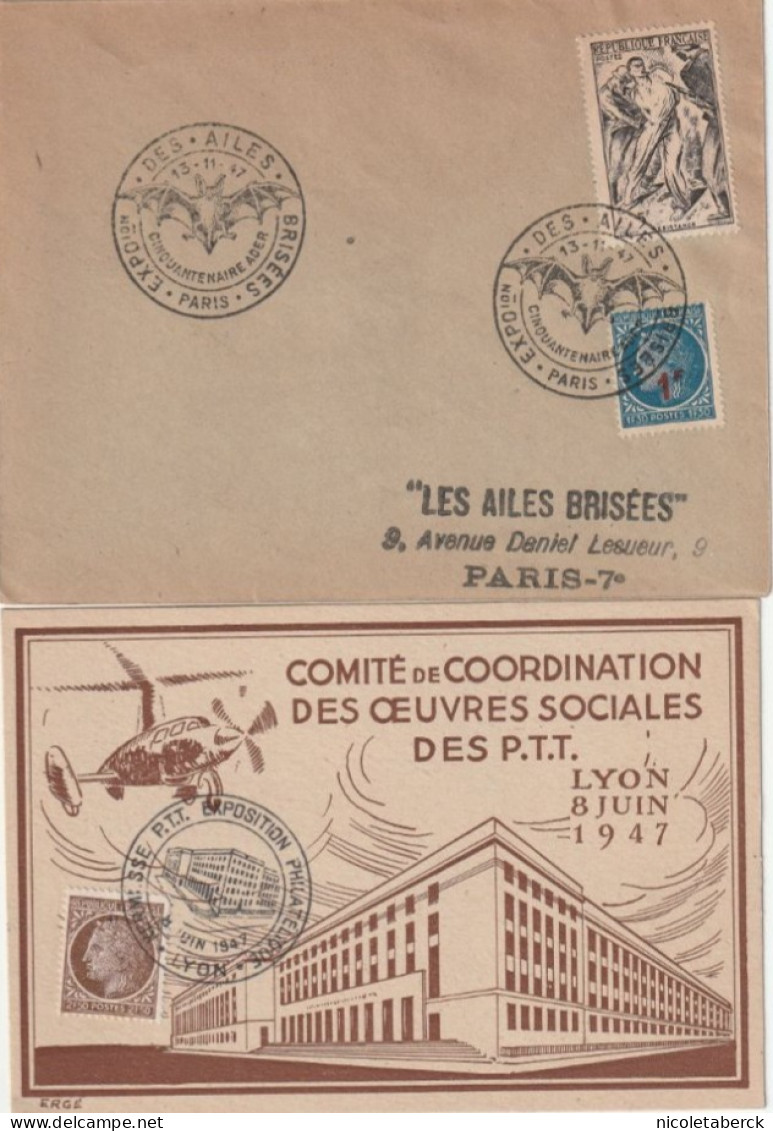 Cérès De Mazelin, Lettre Obl: Ailes Brisées 13/11/47 + Carte Avec Vignette Hélicoptère 8/6/47 Lyon . Collection BERCK. - 1945-47 Ceres Of Mazelin