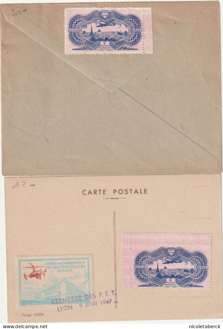 Cérès De Mazelin, Lettre Obl: Ailes Brisées 13/11/47 + Carte Avec Vignette Hélicoptère 8/6/47 Lyon . Collection BERCK. - 1945-47 Ceres De Mazelin