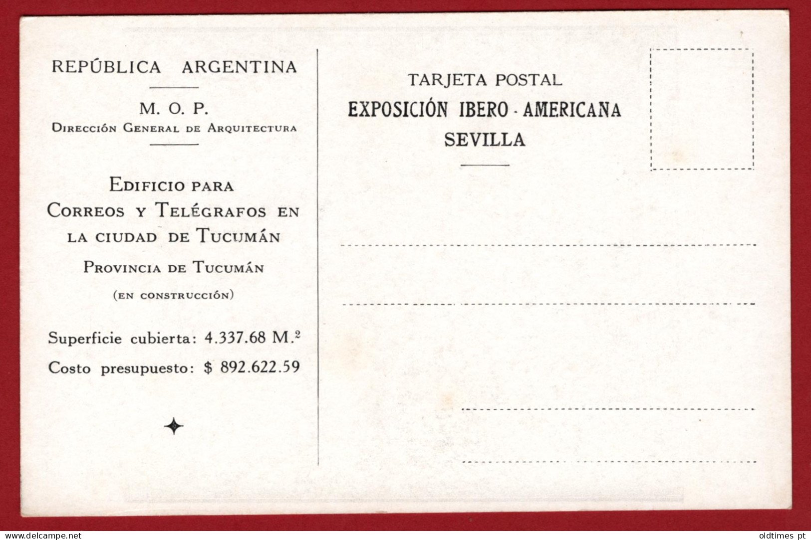 SPAIN - SEVILLA - EXPOSICION IBERO - AMERICANA - RÉPUBLICA ARGENTINA - TUCUMAN - CORREOS Y TELEGRAFO - 20'S PC - Cáceres