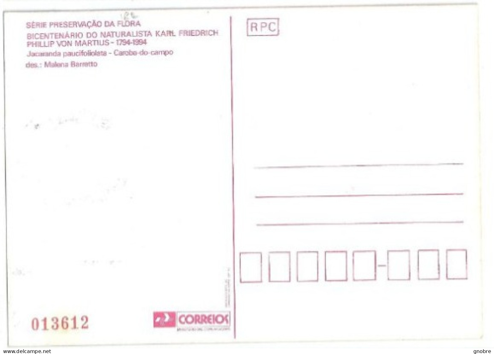 Brazil 1994 OFFICIAL MAXIMUM CARD MAX-182 KARL FRIEDRICH PHILLIP VON MARTIUS CAROBA DO CAMPO - Tarjetas – Máxima