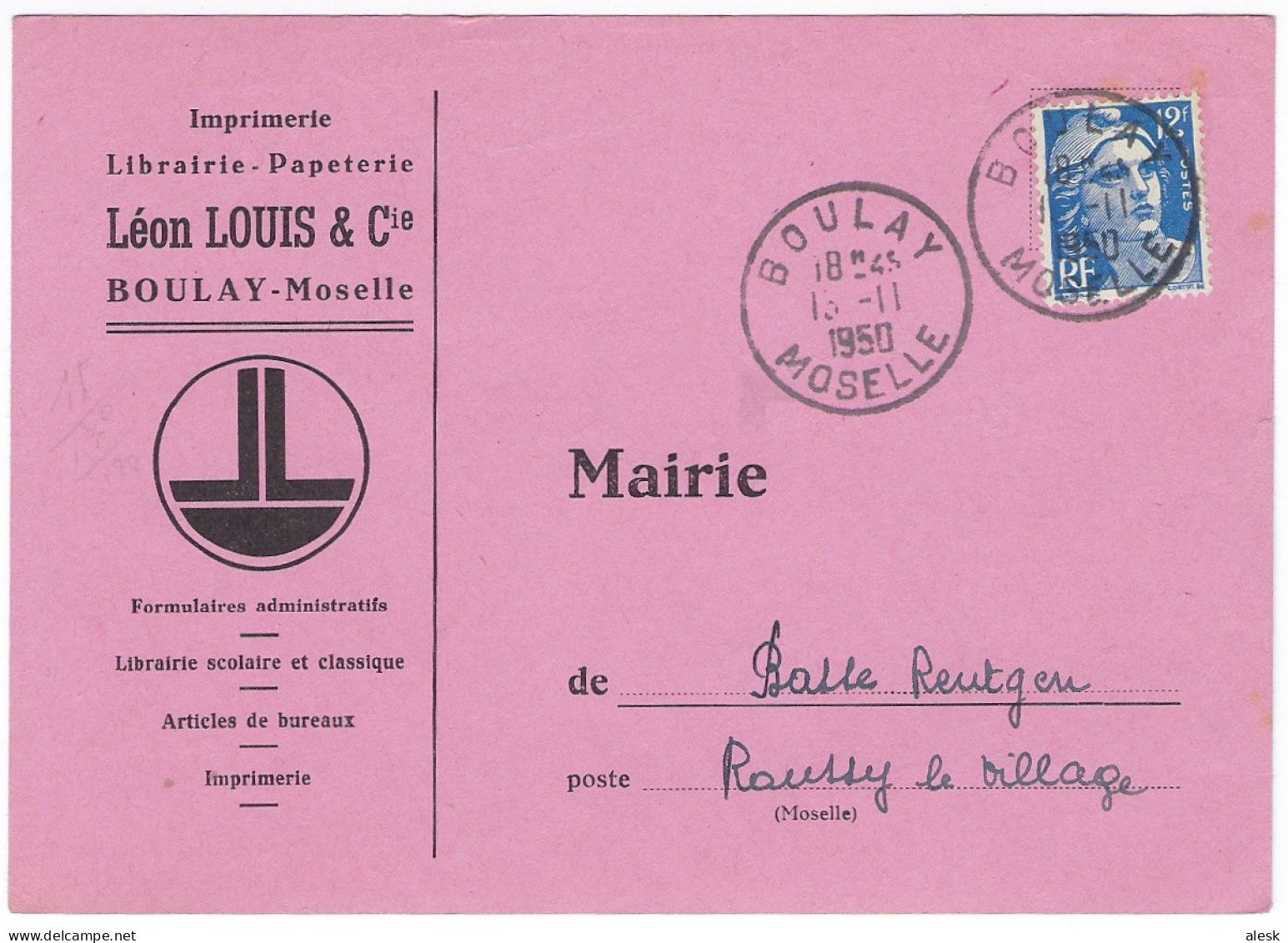 TARIF 6 Janvier 1949 Carte-Postale - Daguin Boulay 13 Novembre 1950 Gandon N°812 Pour Basse-Rentgen - Postal Rates