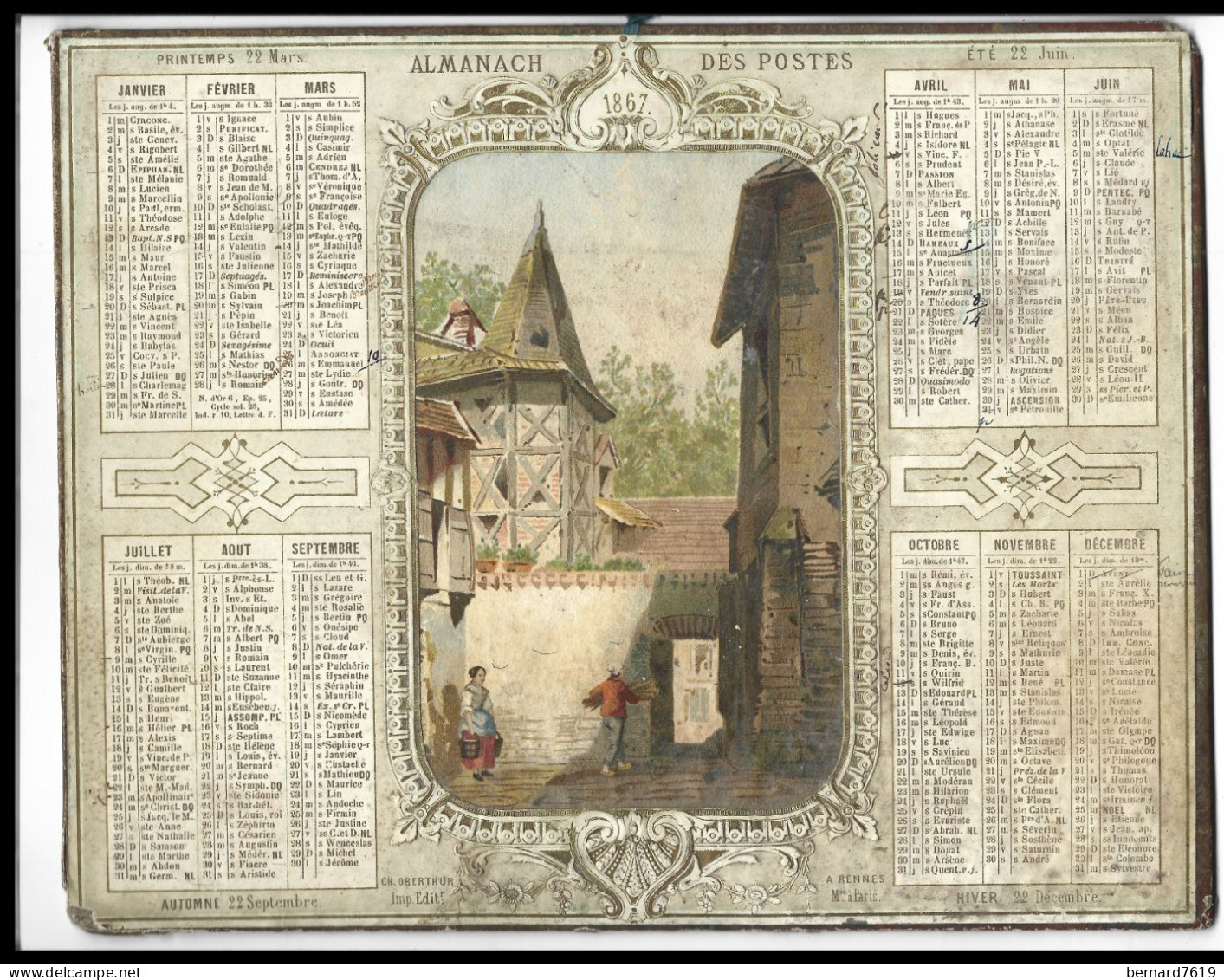 Almanach  Calendrier  P.T.T  -  La Poste -  1867 -  A Rennes - Grand Format : ...-1900