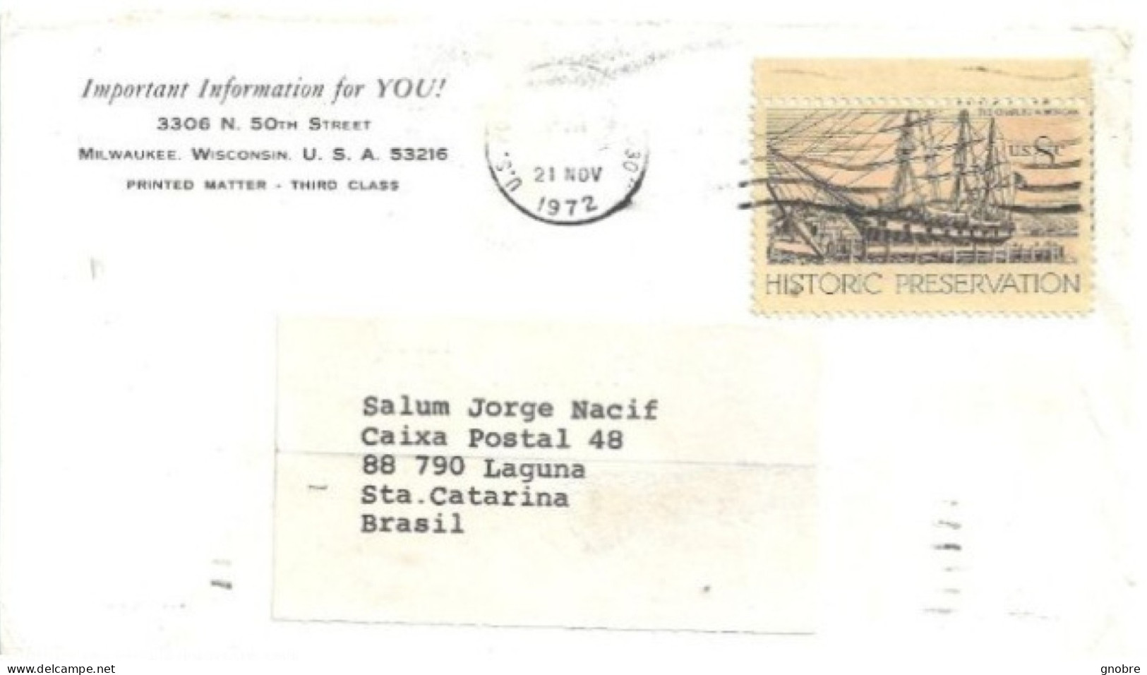 USA TO BRAZIL COVER 1972 HISTORIC PRESERVATION - Lettres & Documents