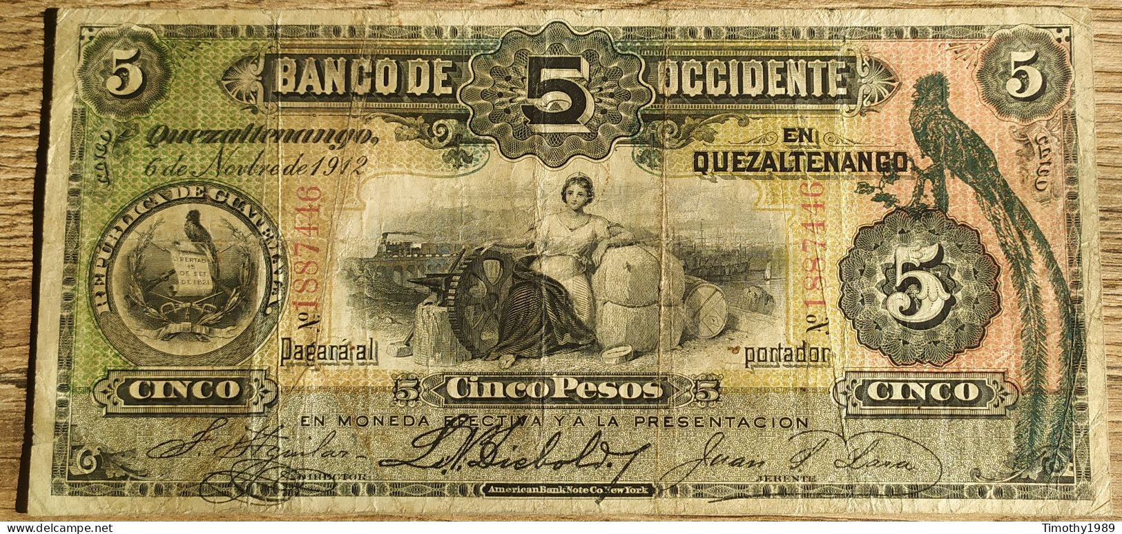 P#S176 - 5 Pesos (Banco De Occidente En Quezaltenango) Guatemala 1916 - VF (very Rare!) - Guatemala