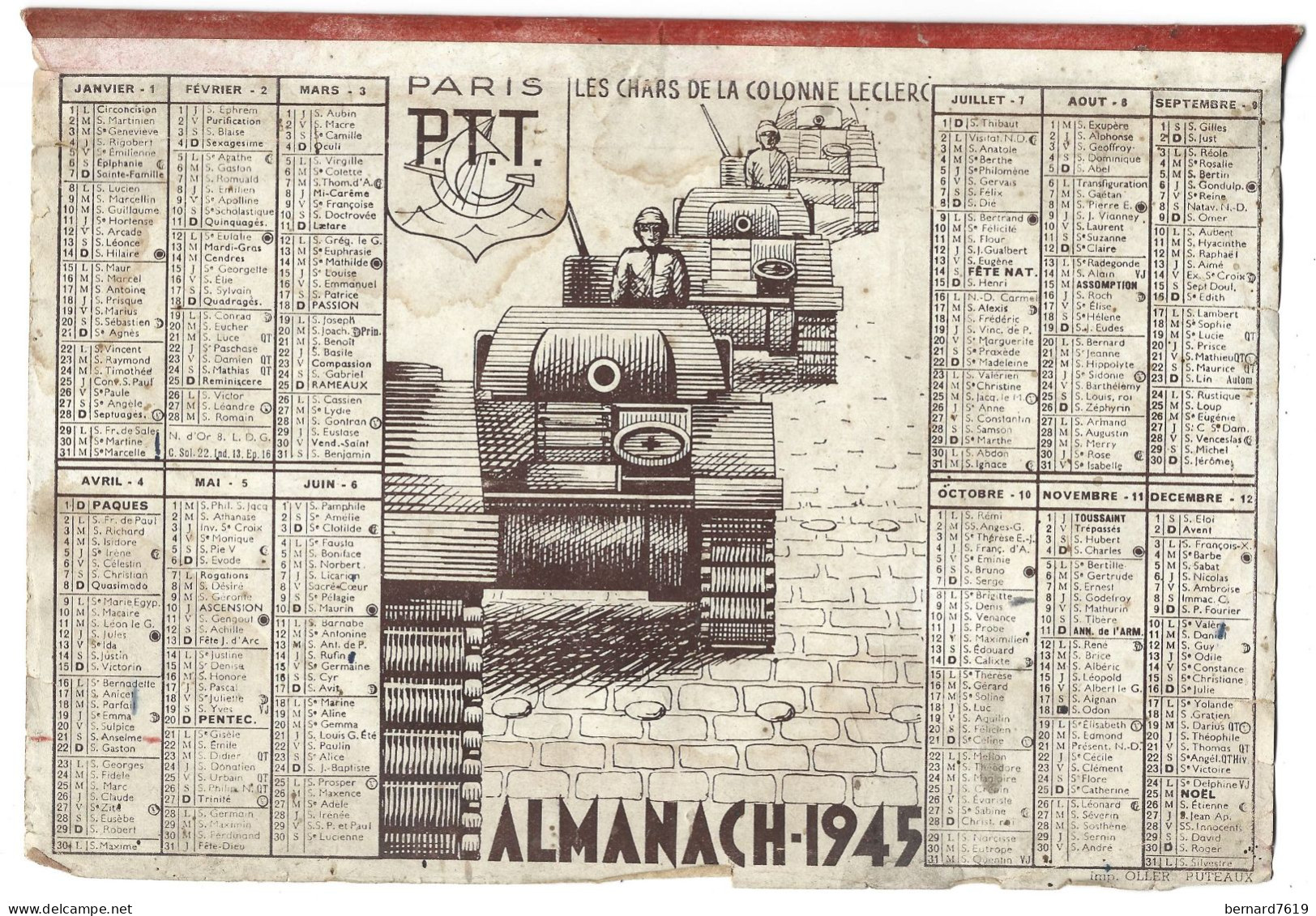 Almanach  Calendrier  P.T.T  -  La Poste - 1945  - Les Gars De La Colonne Leclerc - Big : 1941-60