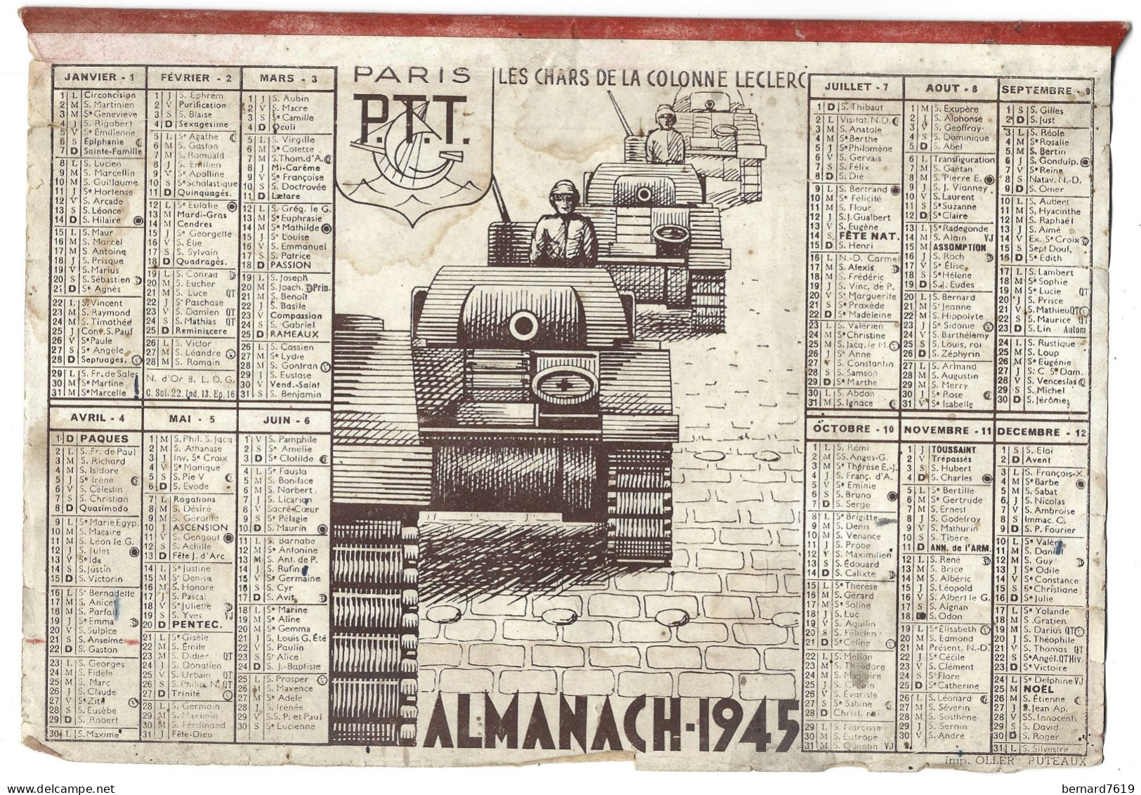 Almanach  Calendrier  P.T.T  -  La Poste - 1945  - Les Gars De La Colonne Leclerc - Tamaño Grande : 1941-60