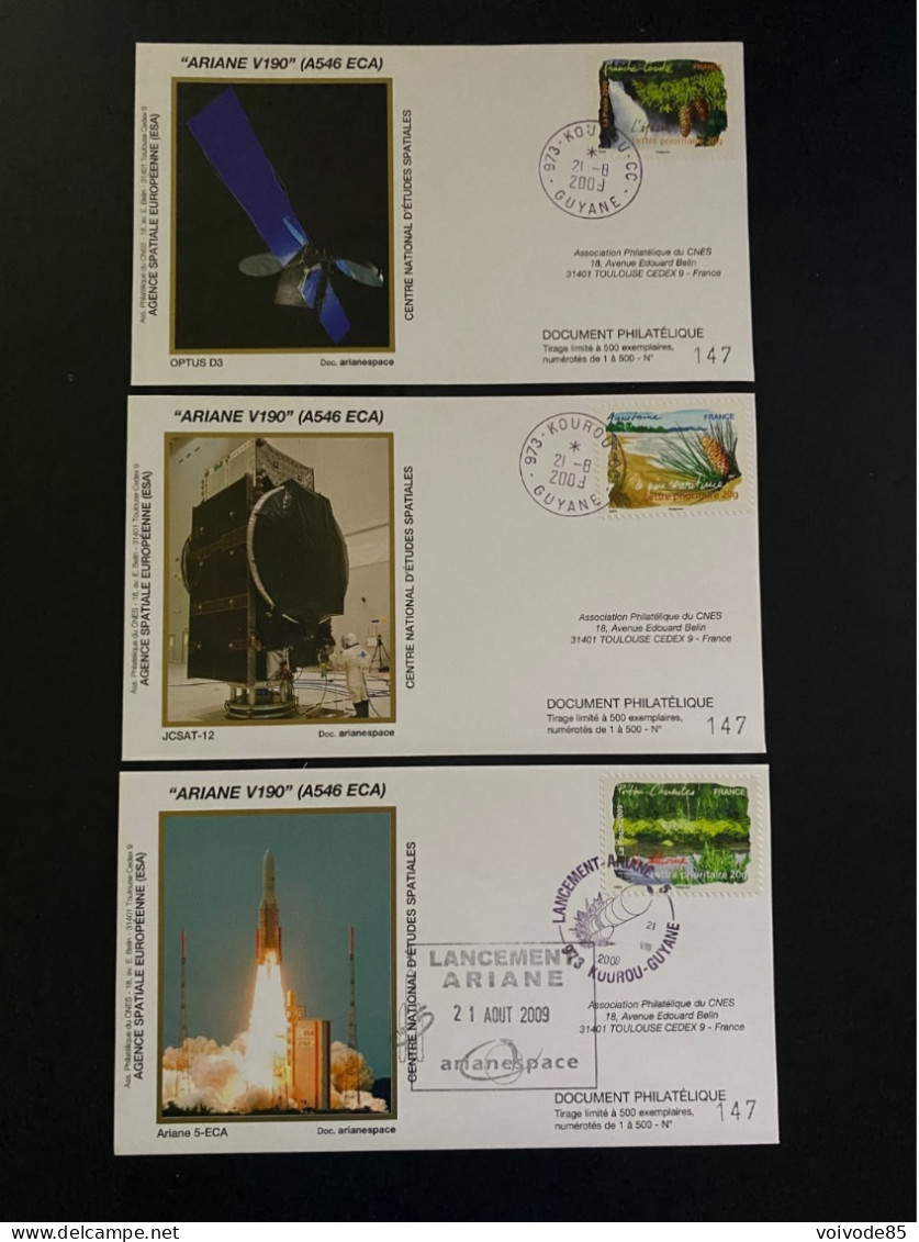 Enveloppes 1er Jour "Fusée Ariane V190" 2009 - CNES - ESA - Ariane 5 - OPTUS D3 - JCSAT-12 - Europa