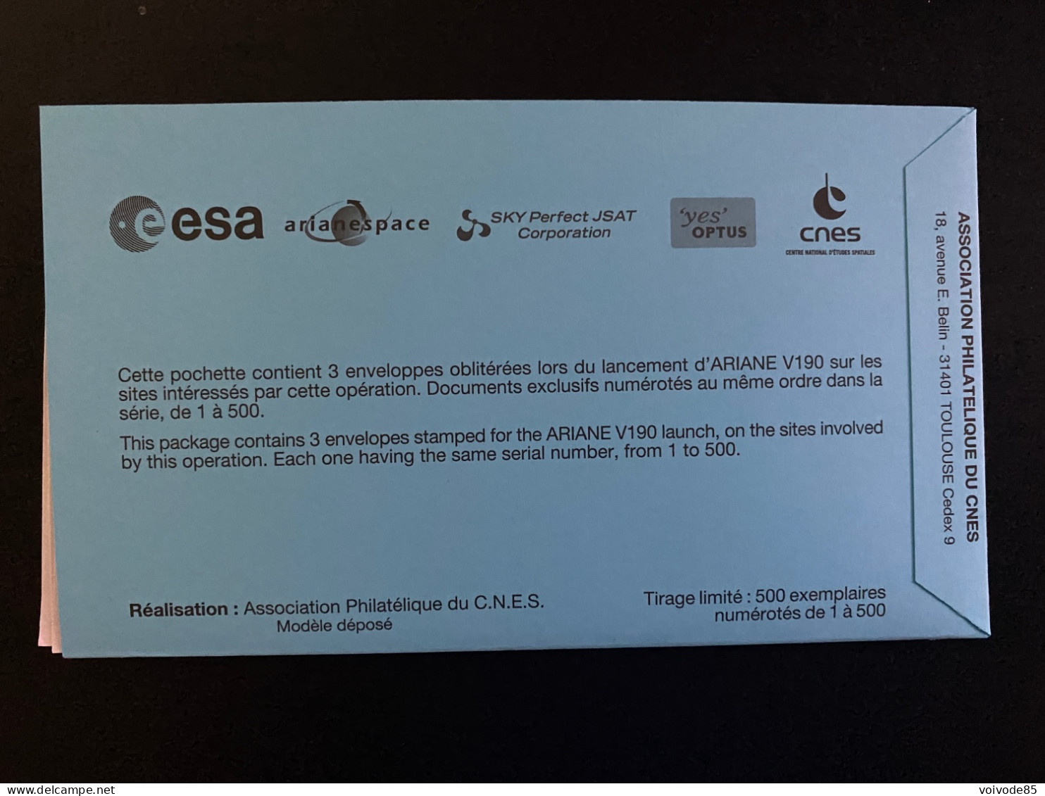 Enveloppes 1er Jour "Fusée Ariane V190" 2009 - CNES - ESA - Ariane 5 - OPTUS D3 - JCSAT-12 - Europa