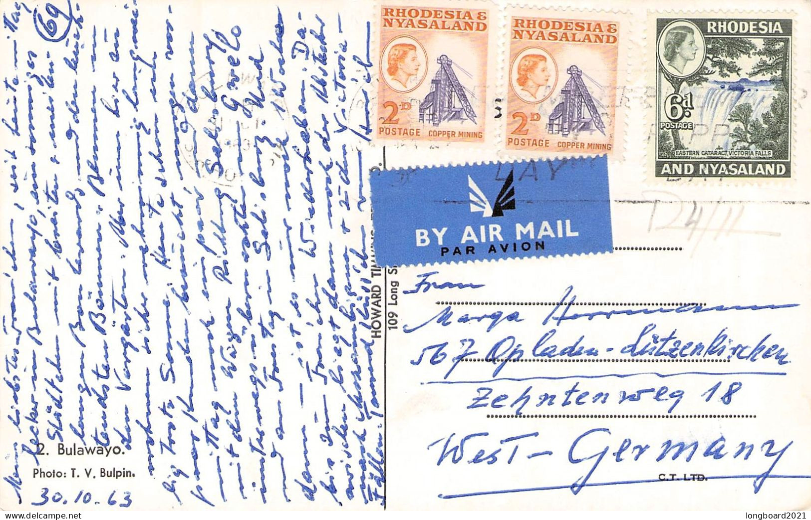 RHODESIA & NYASALAND - PICTURE POSTCARD 1963 - GERMANY / 6078 - Rhodesië & Nyasaland (1954-1963)