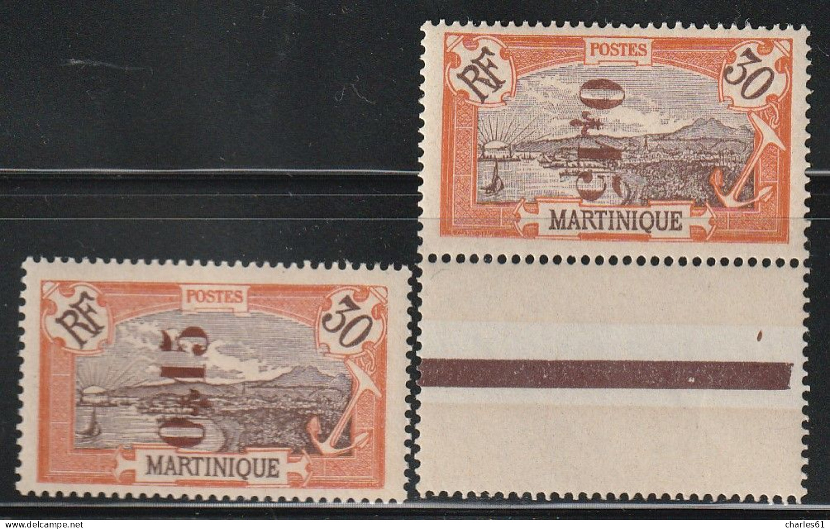 MARTINIQUE - N°107+107a ** (1924) 15c Sur 30c Rouge-orange - Surcharge Renversée. Signé - Neufs