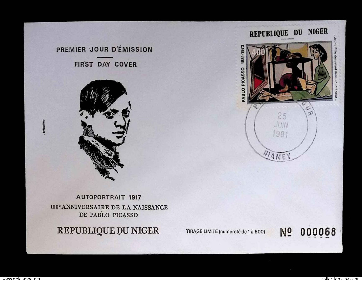 CL, FDC, 1 Er Jour, Niger, 100 E Anniversaire De La Naissance De Pablo Picasso, Autoportrait 1917, Niamey, 25 Juin 1981 - Niger (1960-...)
