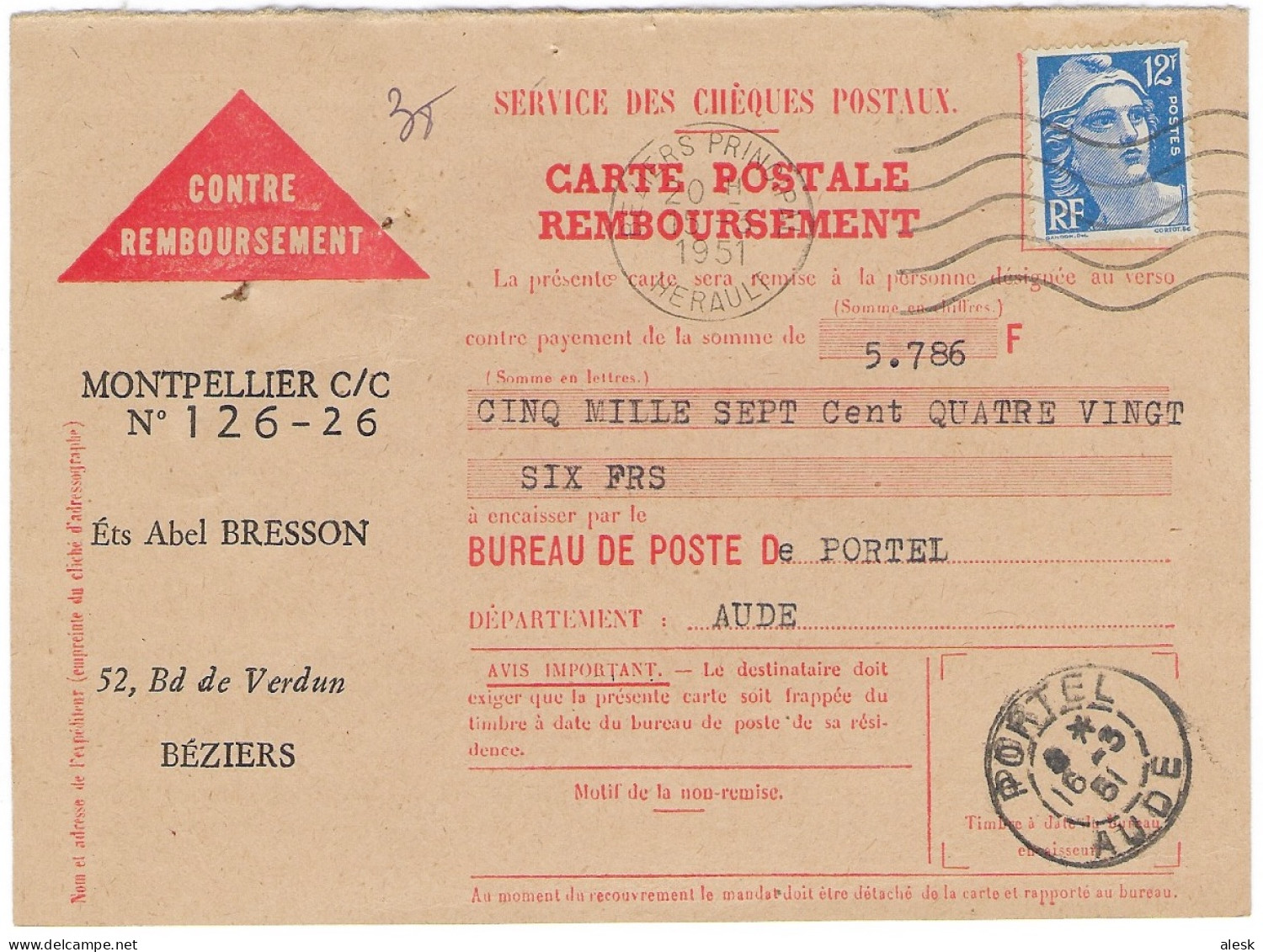 CARTE-POSTALE REMBOURSEMENT Gandon N°812 Béziers Principal 15 Mars 1951 Pour Portel - Tarif C-Postale Du 6 Janvier 1949 - Postal Rates