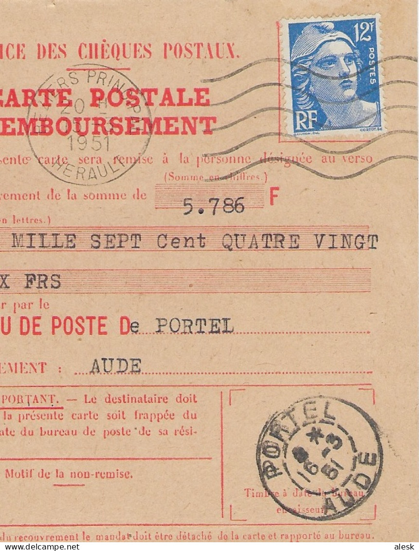 CARTE-POSTALE REMBOURSEMENT Gandon N°812 Béziers Principal 15 Mars 1951 Pour Portel - Tarif C-Postale Du 6 Janvier 1949 - Postal Rates