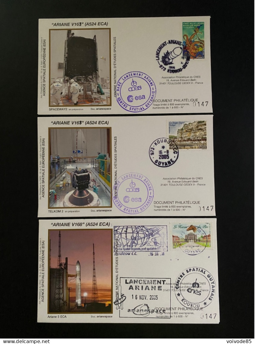 Enveloppes 1er Jour "Fusée Ariane V168" 2005 - CNES - ESA - SPACEWAY2 - TELKOM 2 - Europa