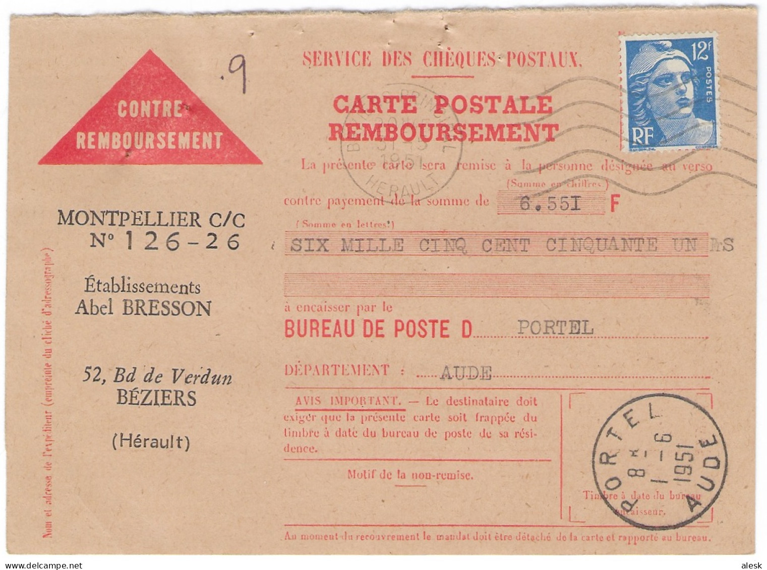 CARTE-POSTALE REMBOURSEMENT Gandon N°812 Béziers Principal 31 Mai 1951 Pour Portel - Tarif C-Postale Du 6 Janvier 1949 - Postal Rates