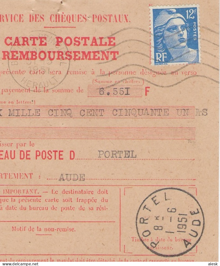 CARTE-POSTALE REMBOURSEMENT Gandon N°812 Béziers Principal 31 Mai 1951 Pour Portel - Tarif C-Postale Du 6 Janvier 1949 - Tariffe Postali