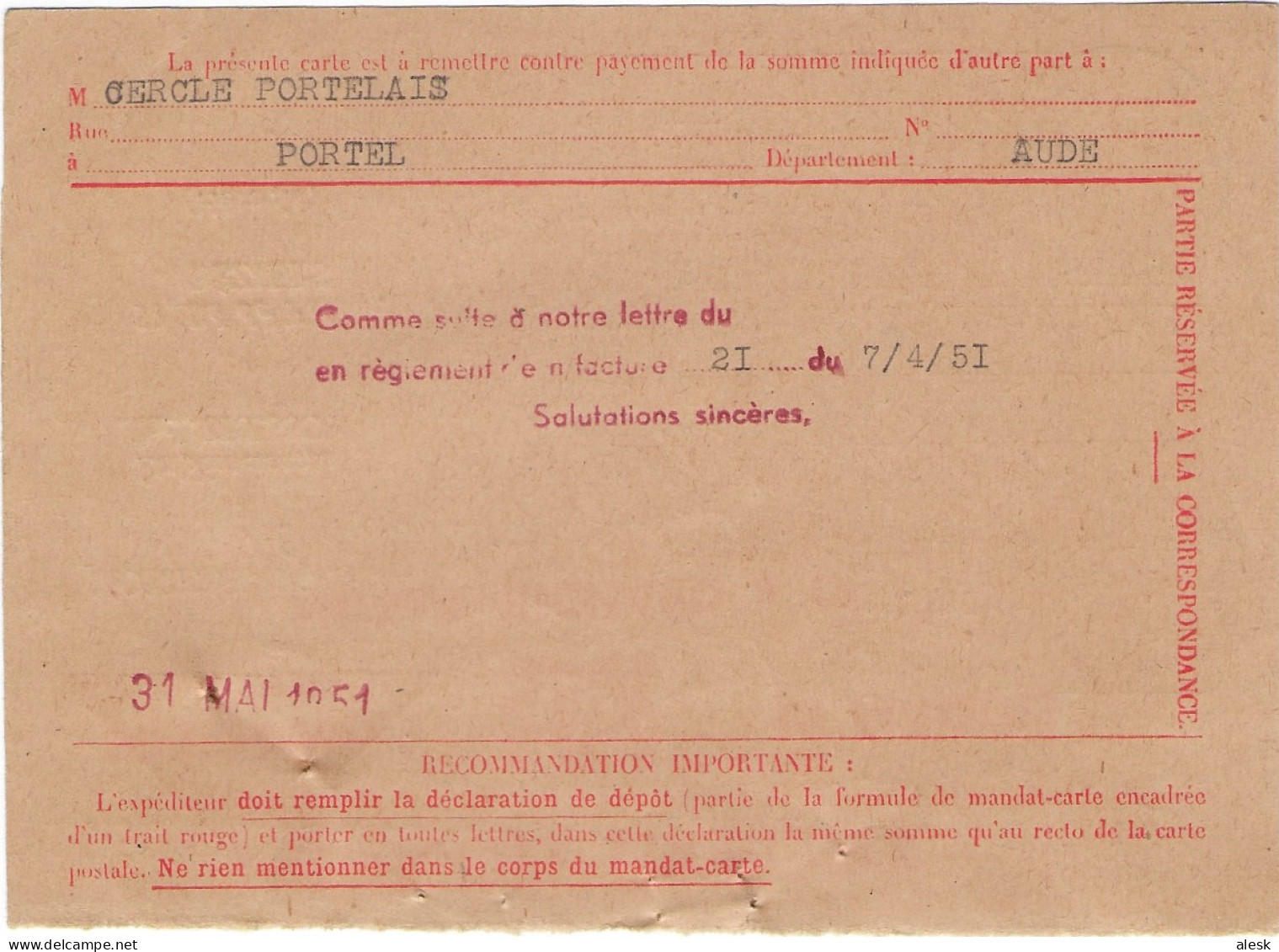 CARTE-POSTALE REMBOURSEMENT Gandon N°812 Béziers Principal 31 Mai 1951 Pour Portel - Tarif C-Postale Du 6 Janvier 1949 - Postal Rates