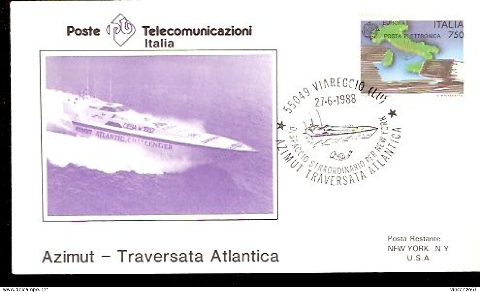 Dispaccio Straordinario Per New York Azimut Traversata Atlantica Annullo Speciale Viareggio 1988 - Voile