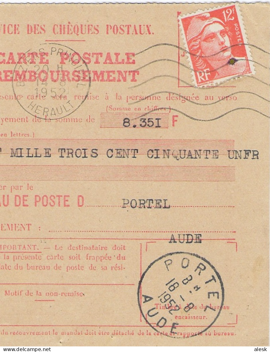 CARTE-POSTALE REMBOURSEMENT Gandon N°885 Béziers Principal 14 Août 1952 Pour Portel - Tarif C-Postale Du 6 Janvier 1949 - Postal Rates