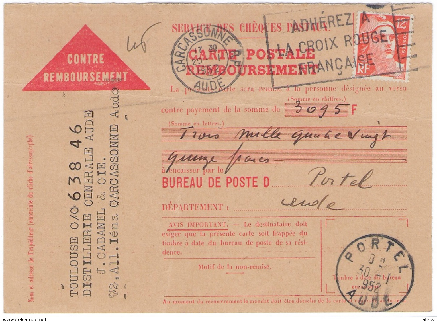 CARTE-POSTALE REMBOURSEMENT Gandon N°885 Carcassonne 29 Janvier 1952 Pour Portel - Tarif C-Postale Du 6 Janvier 1949 - Posttarife