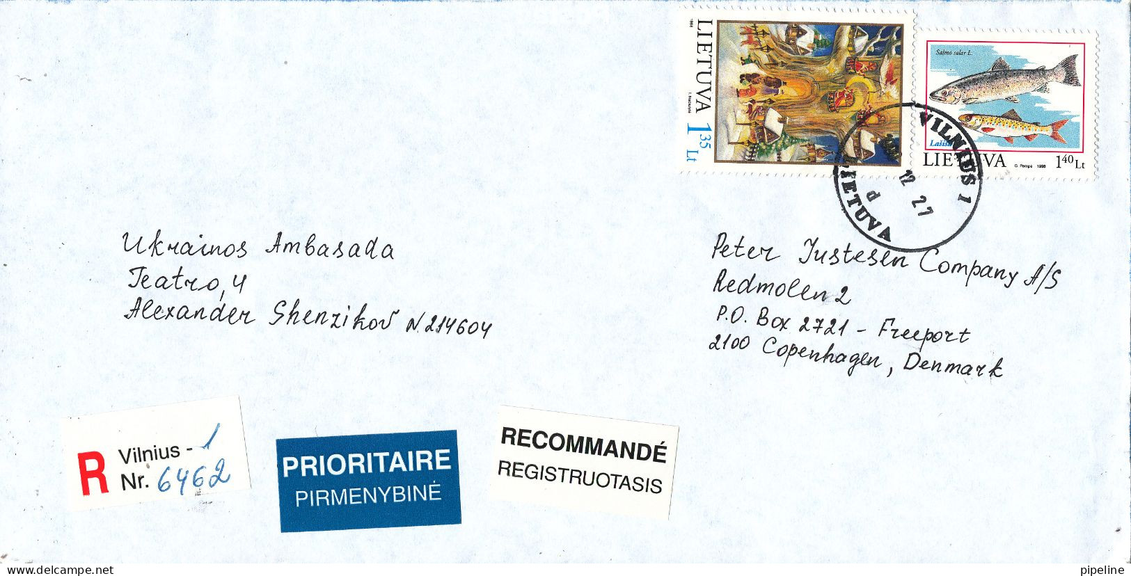 Lithuania Registered Cover Sent To Denmark Vilnius 27-12-1999 (from The Embassy Of Ukraine) - Lituanie