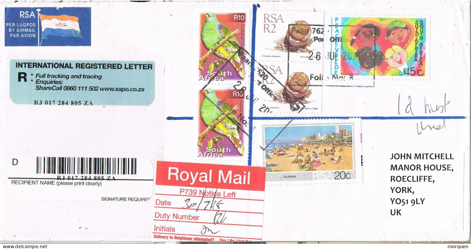 54231. Carta Aerea Certificada PAARL (South Africa) 2000 To England - Covers & Documents