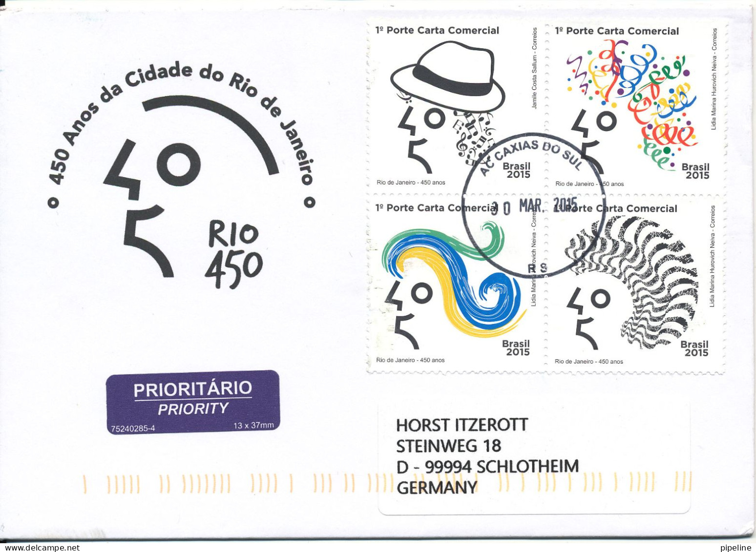 Brazil Cover Sent To Germany 30-3-2015 Topic Stamps In A Block Of 4 Rio 450 Th. Anniversary - Briefe U. Dokumente