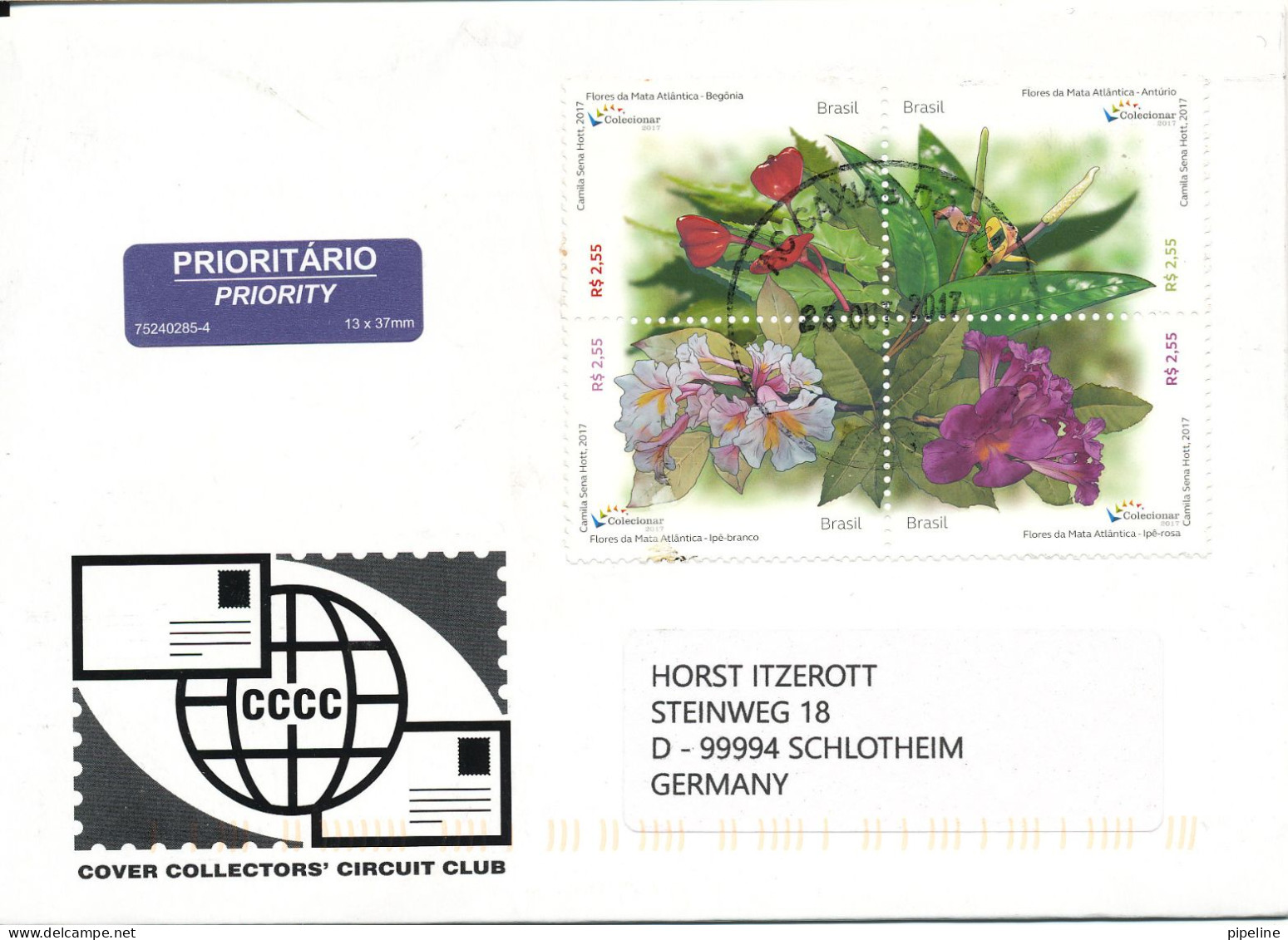 Brazil Cover Sent To Germany 23-10-2017 In Block Of 4 FLOWERS Very Nice Cover - Cartas & Documentos