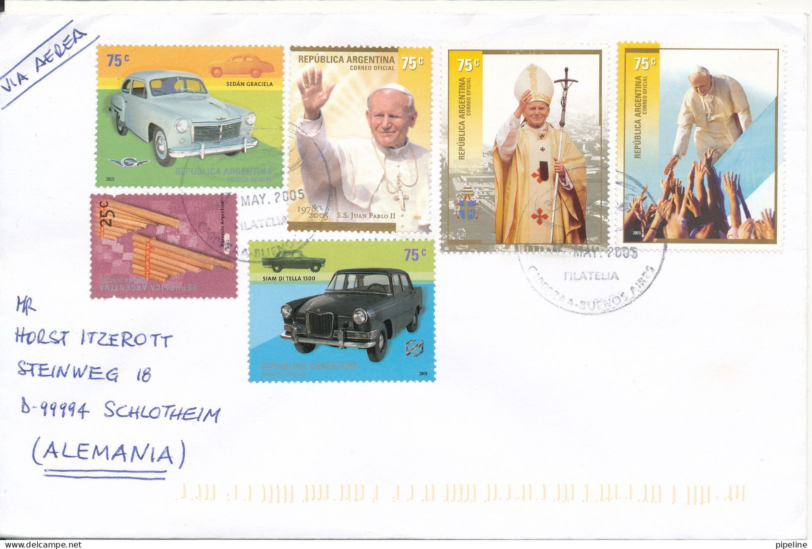 Argentina Cover Sent Air Mail To Germany 17-5-2005 Good Franked Topic Stamps POPE And CARS - Storia Postale