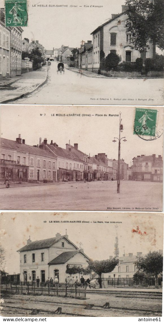 LE MESLE Sur SARTHE - MELE Sur SARTHE -- Lot De 3 Cpa::  La Gare - Rue D'Alençon - Place Du Marché - Le Mêle-sur-Sarthe